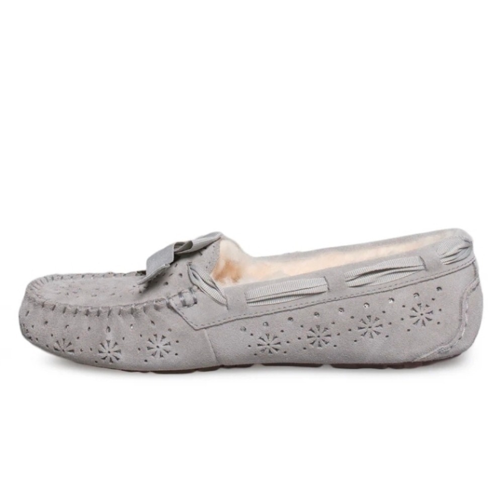 UGG Dakota Perforated Moccasin Womens Grey Suede‎ Shearling Bow Slippers